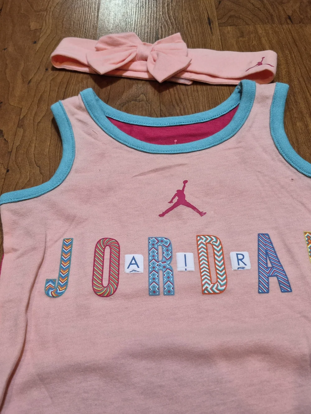 Super Cute Jordan Baby Romper in Pink and Teal With Matching Bow Headband Sz 12m